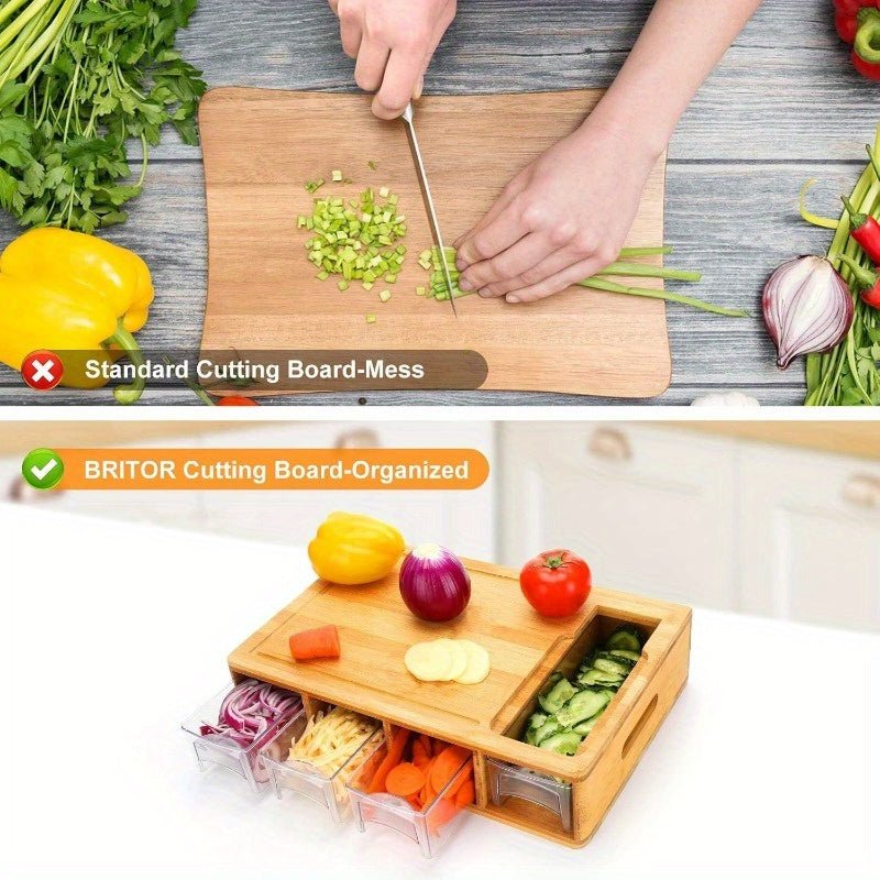 1pc Durable Bamboo Cutting Board With Drawers, With Juice Grooves, Easy - Grip Handles & Food Sliding Opening, Carving Board With Trays For Food Storage, Transport And Cleanup, Essential For Apartments, Gifts For Men Dad Father - Buy That Thang