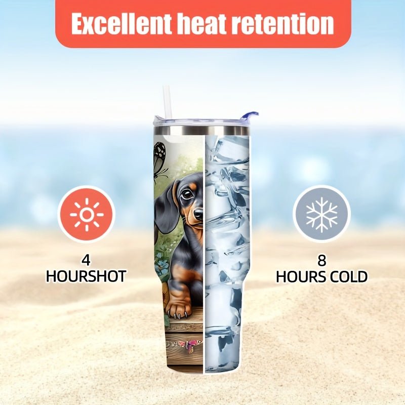 40oz Large Dachshund - Themed Vacuum Insulated Mug with Cute Dachshund Puppies & Bone Patterns, Leakproof Lid & Handle - Double - Wall Insulation for Hot/Cold Drinks, Travel Coffee Cup for Dog Lovers, Outdoor, Camping,, Gift, Cof - Buy That Thang