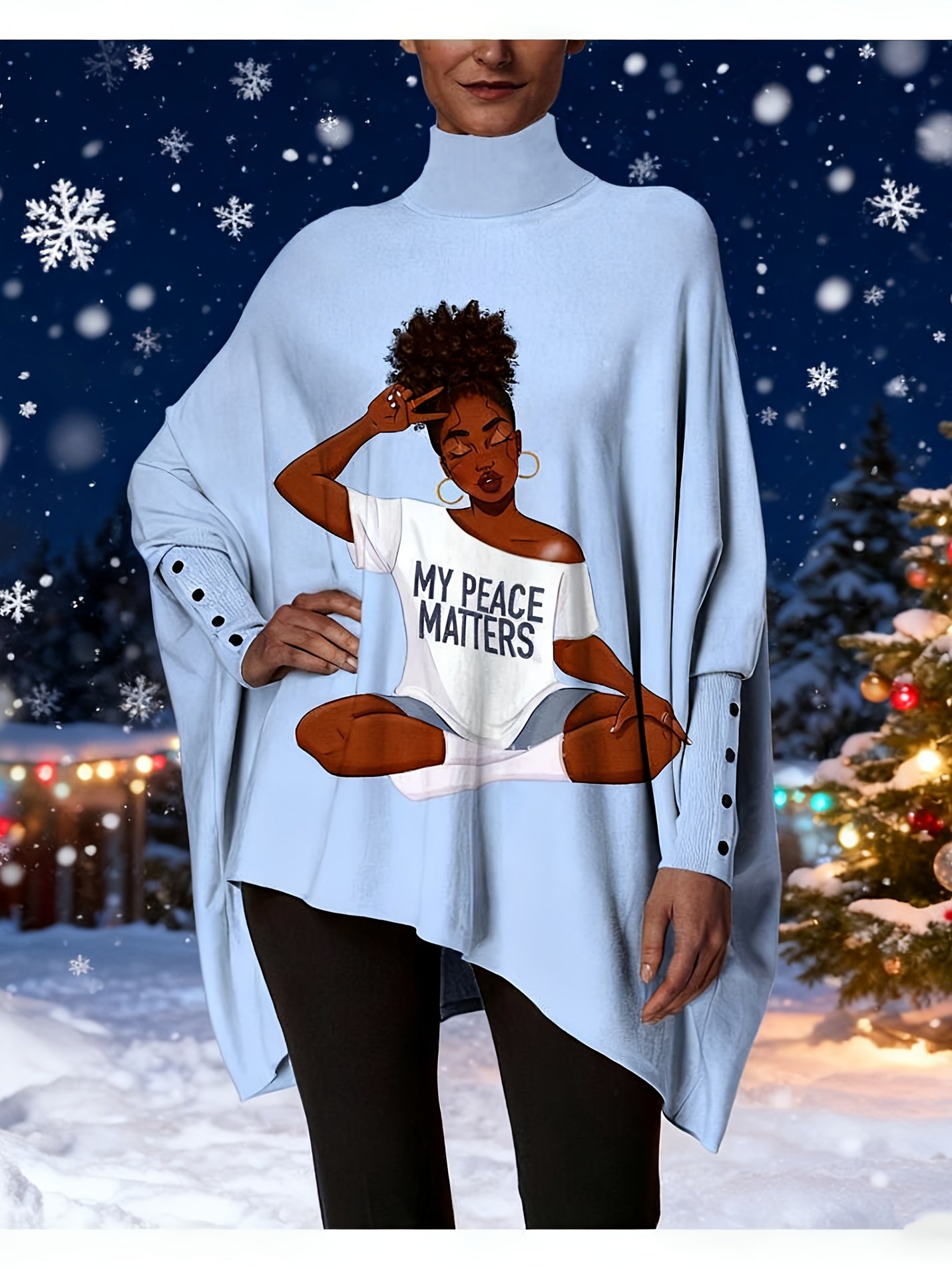 Women's Blue Sexy High-Neck Longline Blouse - Oversized Loose Fit Tunic Top with Black & White Female Figure Print (Peace Matters Slogan), Machine Washable Casual & Professional Wear, All-Season Versatile Shirt, Fall Clothes