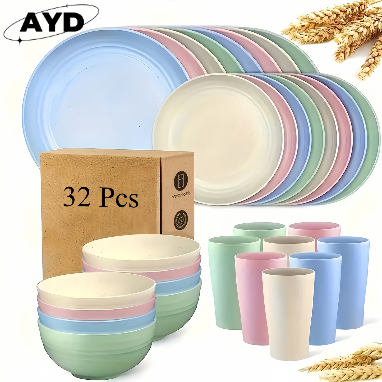 [Unbreakable Dinnerware Set] 32/16pcs Unbreakable Wheat Straw Dinnerware Set | Service For 8/4, Large Size Modern Dish Set-Plate/Dessert Plate/Bowl/Cup, Dishwasher & Microwave Safe, Lightweight Tableware, Perfect for Camping,