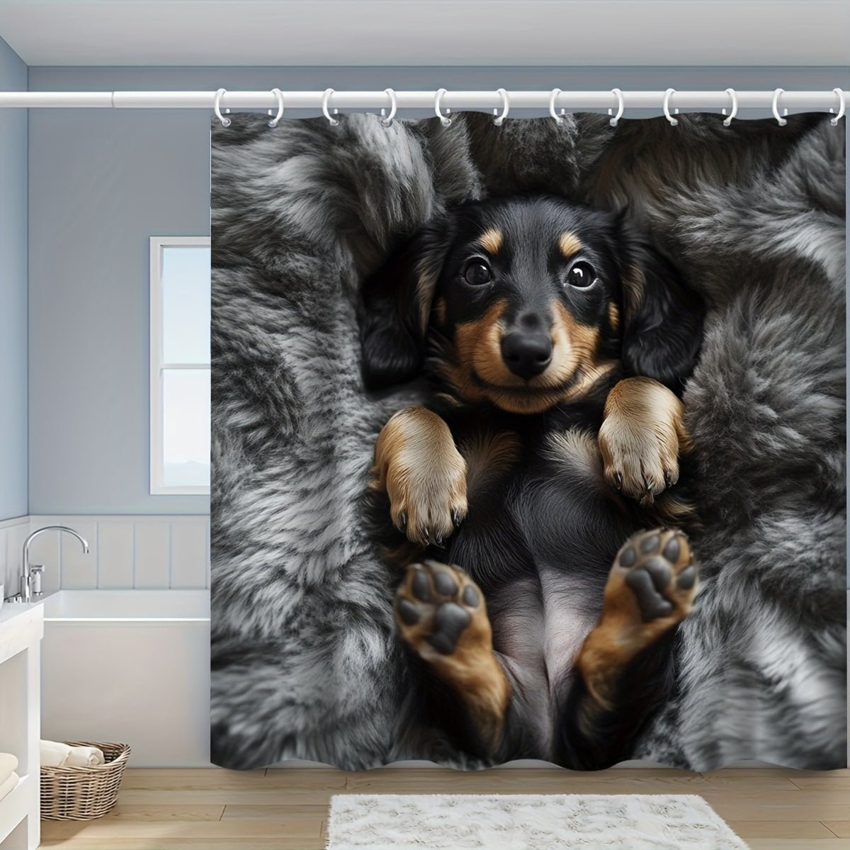 1/3/4pcs Cozy Puppy Shower Curtain Set - Adorable Dachshund Design with, U - Shaped & Toilet Lid Cover, 12 Hooks, 70.87x70.87inch, Polyester, All - Season Use, Dog Lover Home Decor, Dog Lover Gifts, Playful Design, Durable Fabric - Buy That Thang