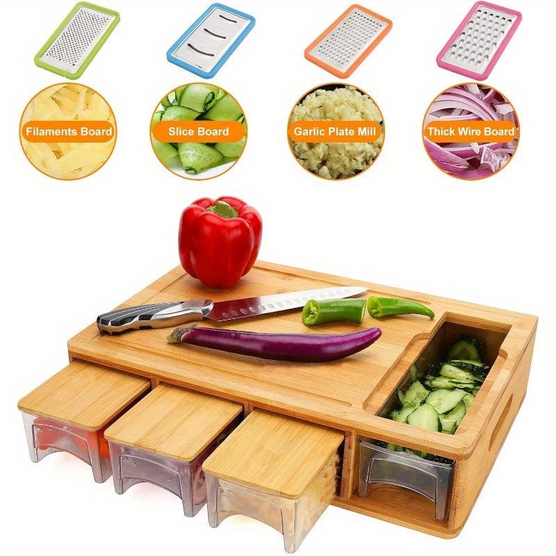 1pc Durable Bamboo Cutting Board With Drawers, With Juice Grooves, Easy - Grip Handles & Food Sliding Opening, Carving Board With Trays For Food Storage, Transport And Cleanup, Essential For Apartments, Gifts For Men Dad Father - Buy That Thang