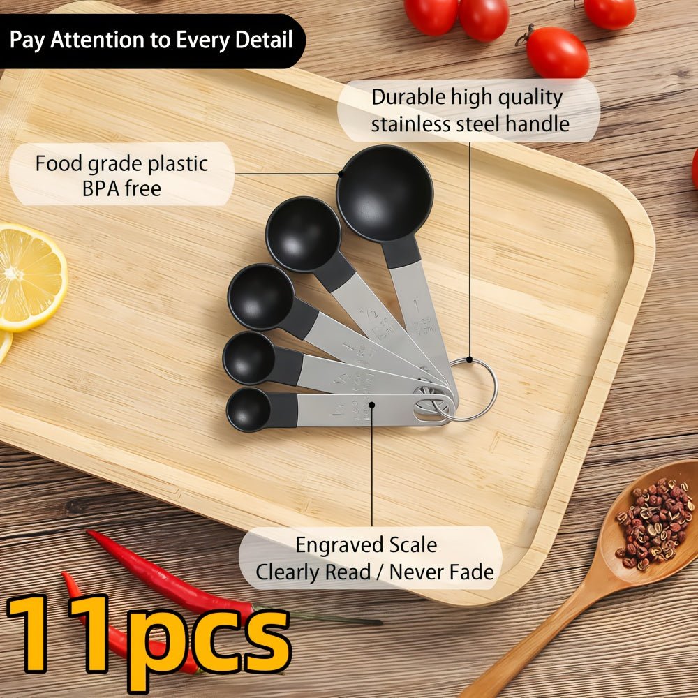 11pcs Stackable Measuring Cup and Spoon Set with Stainless Steel Handle - Durable Plastic Kitchen Tools, Clear Measurement Markings, Space - Saving Design for Precise Cooking, Baking, and Liquid/Dry Ingredient Measurements - Id - Buy That Thang