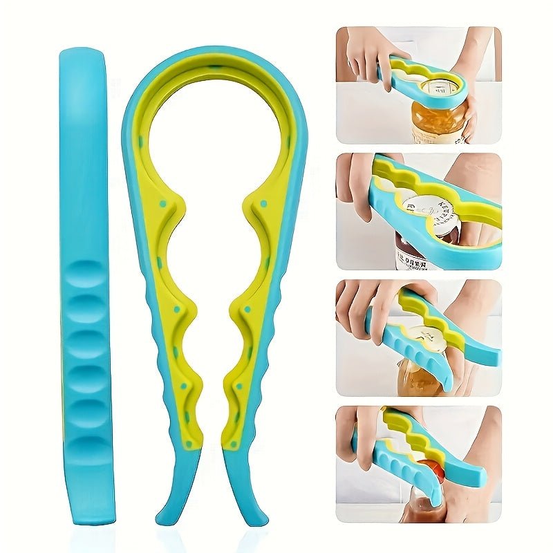 [4-in-1 Can Opener] 4-in-1 Anti-Slip Can Opener with Ergonomic Silicone Handle | Manual Kitchen Tool for Cans, Jars & Jam Lids | Durable Plastic, 4 Colors (Yellow, Blue, Orange, Red)