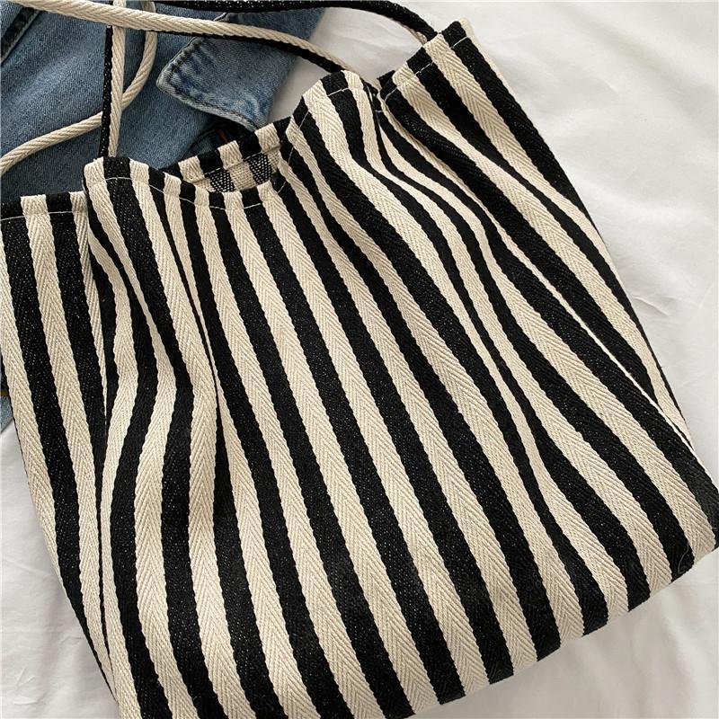 Simple Stripe Canvas Tote Bag for Women, Minimalist Ins Style, Bohemian Casual Fashion, Spring Summer Shopping Bag, Shoulder Handbag, Large Capacity - Buy That Thang