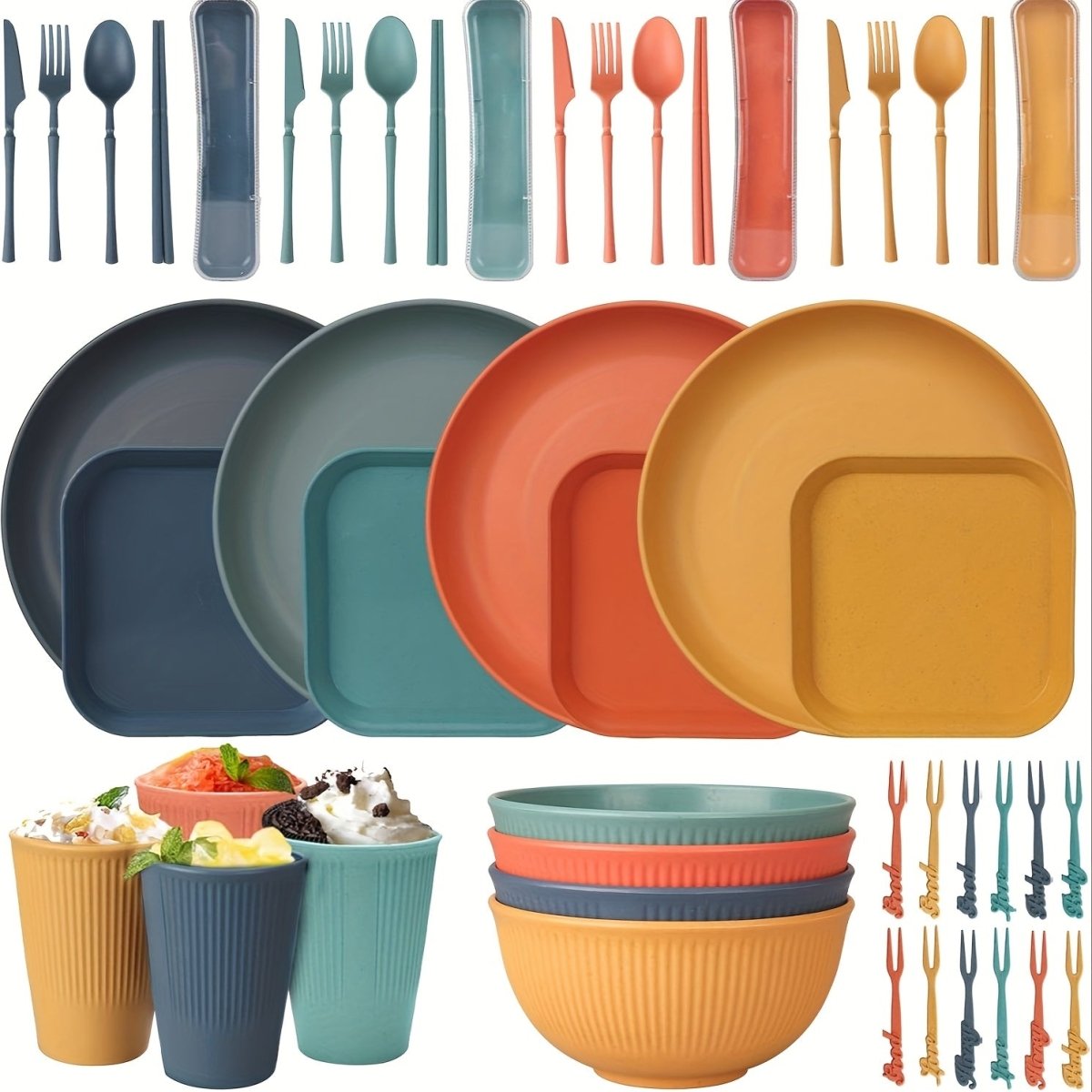48pcs Dinnerware Sets, Unbreakable Plates And Bowls Sets, Reusable Dinnerware Sets for 4 People, Travel Camping Picnic Home Party Cutlery Set, Dishwasher Microwave Safe Dishes, Perfect for Thanksgiving - Buy That Thang