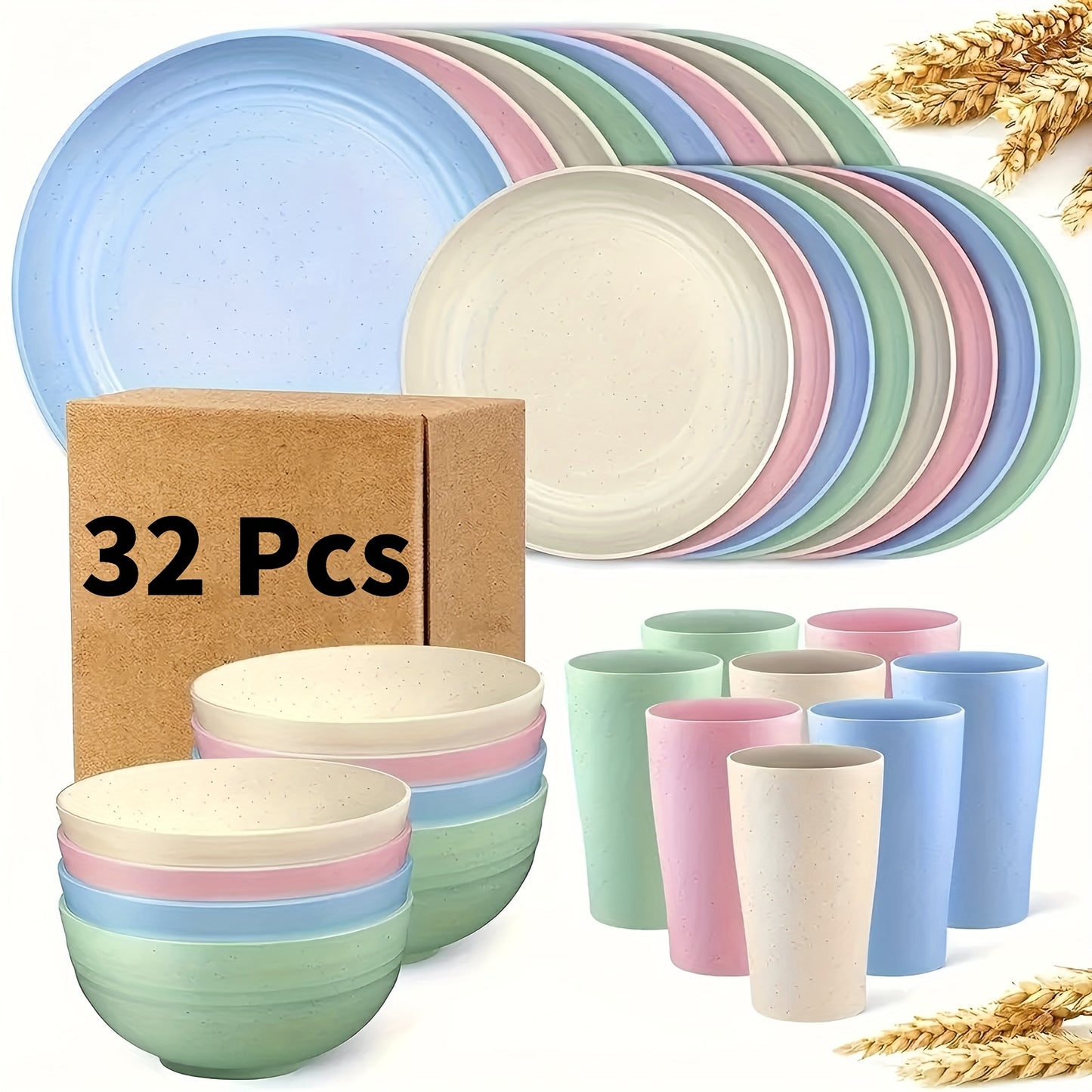 [Unbreakable Dinnerware Set] 32/17/16pcs Wheat Straw Dinnerware Set | Service For 8/4, Large Size Modern Dish Set-Plate/Dessert Plate/Bowl/Cup, Lightweight Tableware, Perfect For Camping, Gifts For Christmas/Halloween, Local