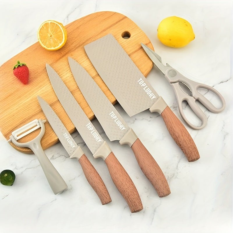 6pcs Professional Kitchen Knife Set With Ergonomic Wooden Handles - Ideal For Home Cooking And Professional Chefs - Includes Gift Box Packaging - Suitable For Cutting Meat, Vegetables, Fruits, Bread, And More - Buy That Thang