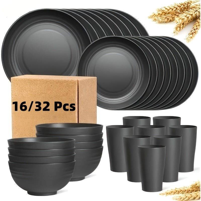 16/32pcs Kitchen Wheat Straw Large Size Dinnerware Set, For 4/8, Unbreakable Modern Dish Set Dinner Plate/Dessert Plate/Cereal Bowl/Cup, Dishwasher Safe, Lightweight Tableware, Camping And Everyday Use, Gifts For Men/Women/Ch