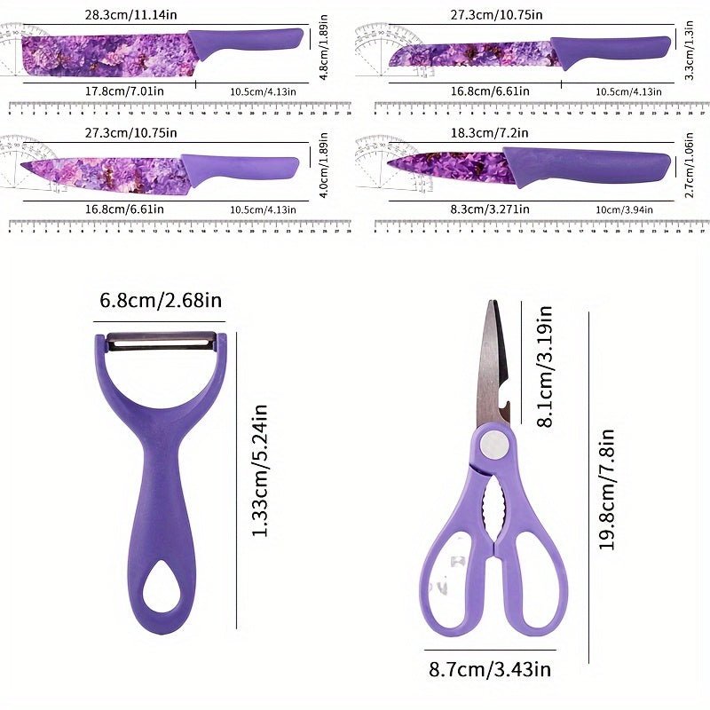 6pcs Jasmine Flower Pattern Kitchen Knife Set Colorful Printing, High Carbon Stainless Steel Blades, Ergonomic Handles, Sharp Meat Cleaver, Serrated Bread Knife, Precise Scissors, Peeler - Perfect Cooking Gifts for Women And - Buy That Thang