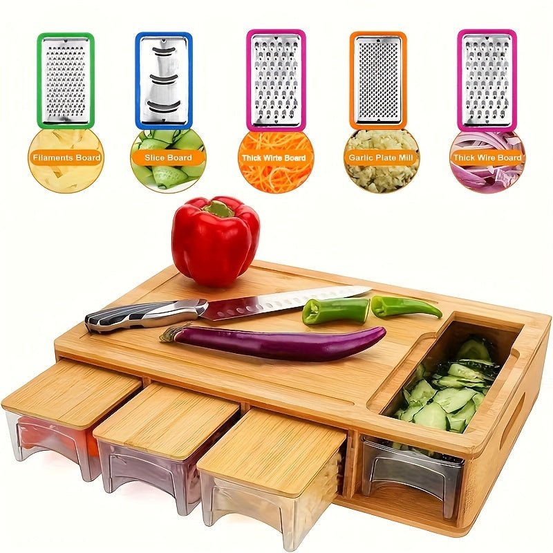 Bamboo Cutting Board Wooden Cutting Board with Food Container Storage Box Cheese Shredder and Juice Tank Suitable for Vegetables Cheese and Meat Type Wooden Cutting Board with Container Food Drop Area Carving Board with Easy - Buy That Thang