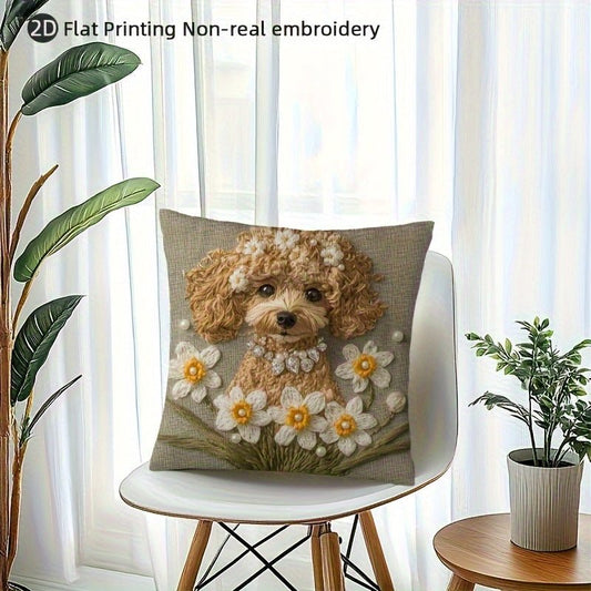 1pc Vintage Style Dog and Flower Pillow Cover 18x18 Inch - Cozy Poodle & Daisy Design, 100% Polyester, Zippered, Machine Washable - Ideal for Farmhouse, Office, Home, Bedroom, Living Room Decor (Insert Not Included), Cute Pil - Buy That Thang
