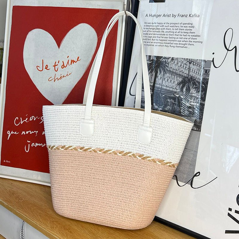 Straw Bag and Hat Set for Women, Beach Vacation, Versatile Sun Protection Wide Brim Hat, Commute Travel Large Capacity Tote Bag - Buy That Thang