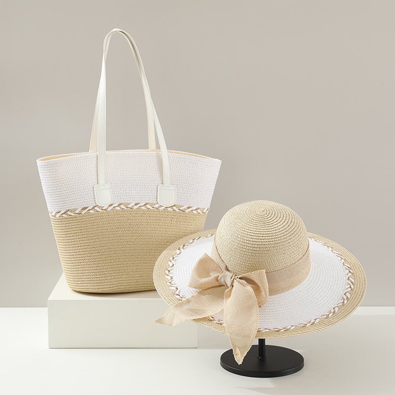Straw Bag and Hat Set for Women, Beach Vacation, Versatile Sun Protection Wide Brim Hat, Commute Travel Large Capacity Tote Bag - Buy That Thang
