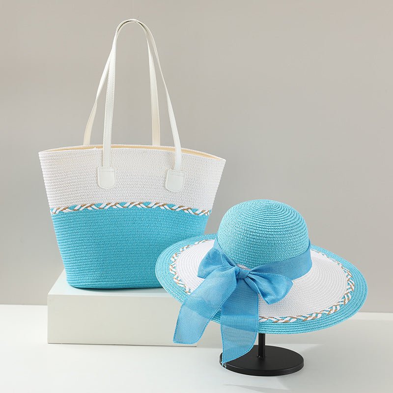 Straw Bag and Hat Set for Women, Beach Vacation, Versatile Sun Protection Wide Brim Hat, Commute Travel Large Capacity Tote Bag - Buy That Thang