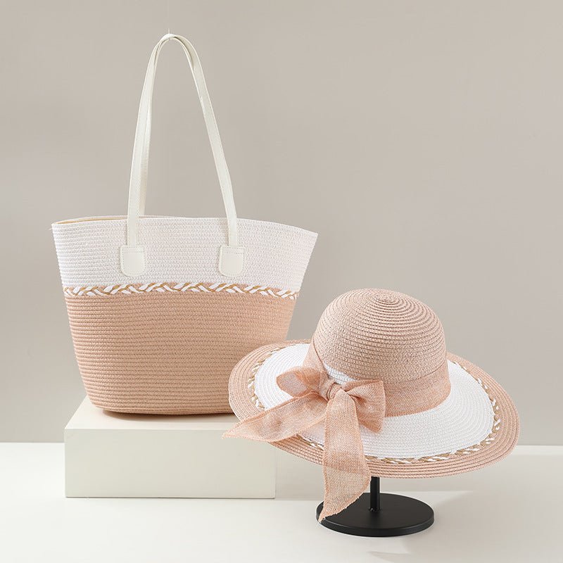 Straw Bag and Hat Set for Women, Beach Vacation, Versatile Sun Protection Wide Brim Hat, Commute Travel Large Capacity Tote Bag - Buy That Thang