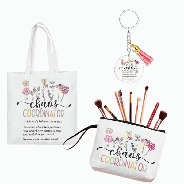 Bulyoou 6 Pcs Chaos Coordinator Gifts for Women Appreciation Makeup Bag Chaos Coordinator Tote Bag Cosmetic Bags Canvas Tote Bag Acrylic Key Chains with Zipper Tassel for Coworker - Buy That Thang