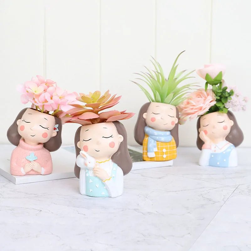 Succulents Planters Flower Pots Cactus Plant Pot Lovely Girl Head Bonsai Planter Pots Ornaments with Drainage Hole Table Decor - Buy That Thang