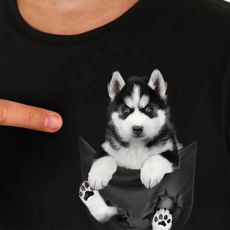 Cotton Pocket T-Shirt  Puppy Printed T-shirt Men for Women Shirts Tops Funny Cotton Black Tees Drop Shipping