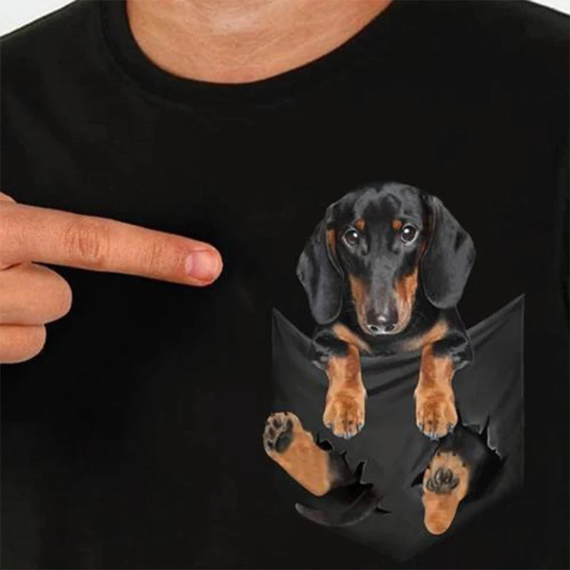 Cotton Pocket T-Shirt  Puppy Printed T-shirt Men for Women Shirts Tops Funny Cotton Black Tees Drop Shipping