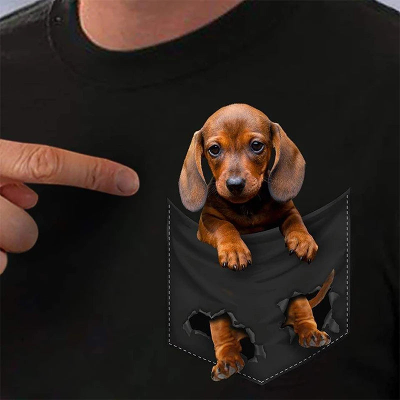 Cotton Pocket T-Shirt  Puppy Printed T-shirt Men for Women Shirts Tops Funny Cotton Black Tees Drop Shipping