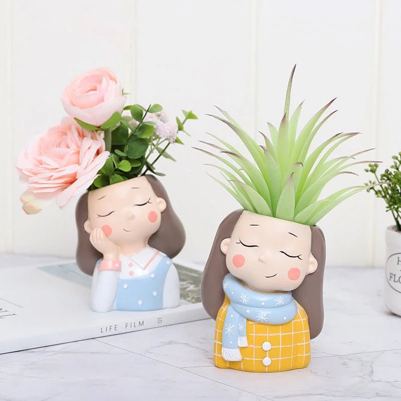 Succulents Planters Flower Pots Cactus Plant Pot Lovely Girl Head Bonsai Planter Pots Ornaments with Drainage Hole Table Decor - Buy That Thang