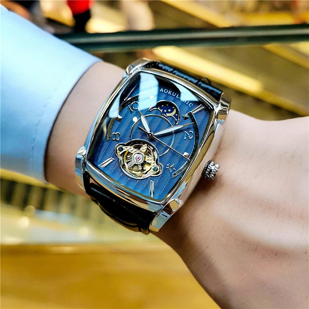 Moon Phase Automatic Watch for Men Luxury Brand Tourbillon Skeleton Mechanical Watch Leather Belt - Buy That Thang