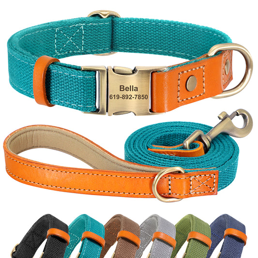 Nylon Custom Dog Puppy Collar Leash Set Personalized Genuine Leather
