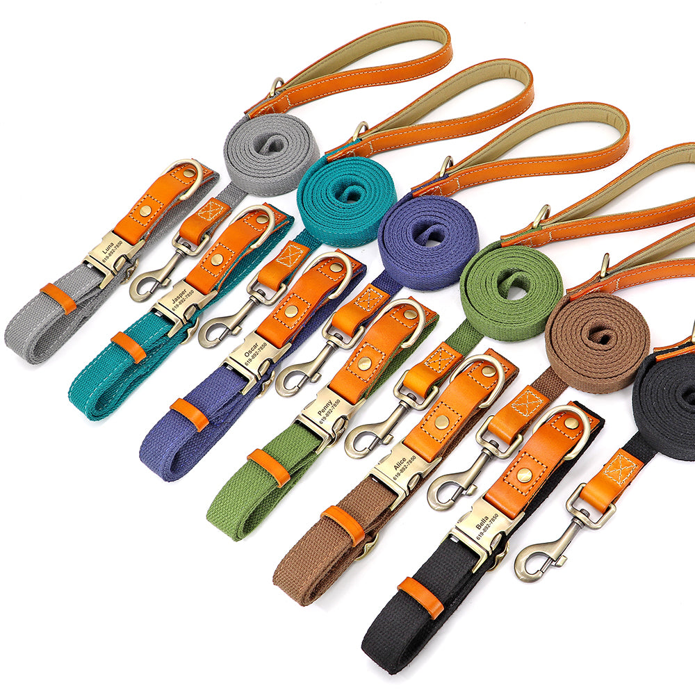 Nylon Custom Dog Puppy Collar Leash Set Personalized Genuine Leather