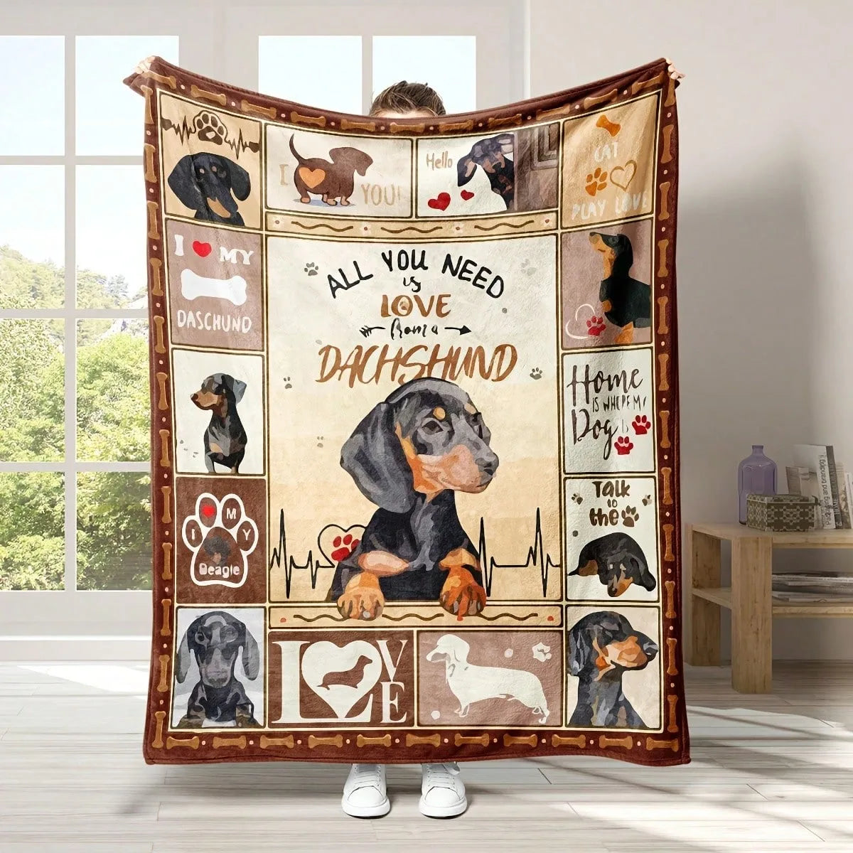 Dachshund Fleece Blanket many sizes 2D print cute doxie short hair thick flannel sofa bed office camping cozy warm