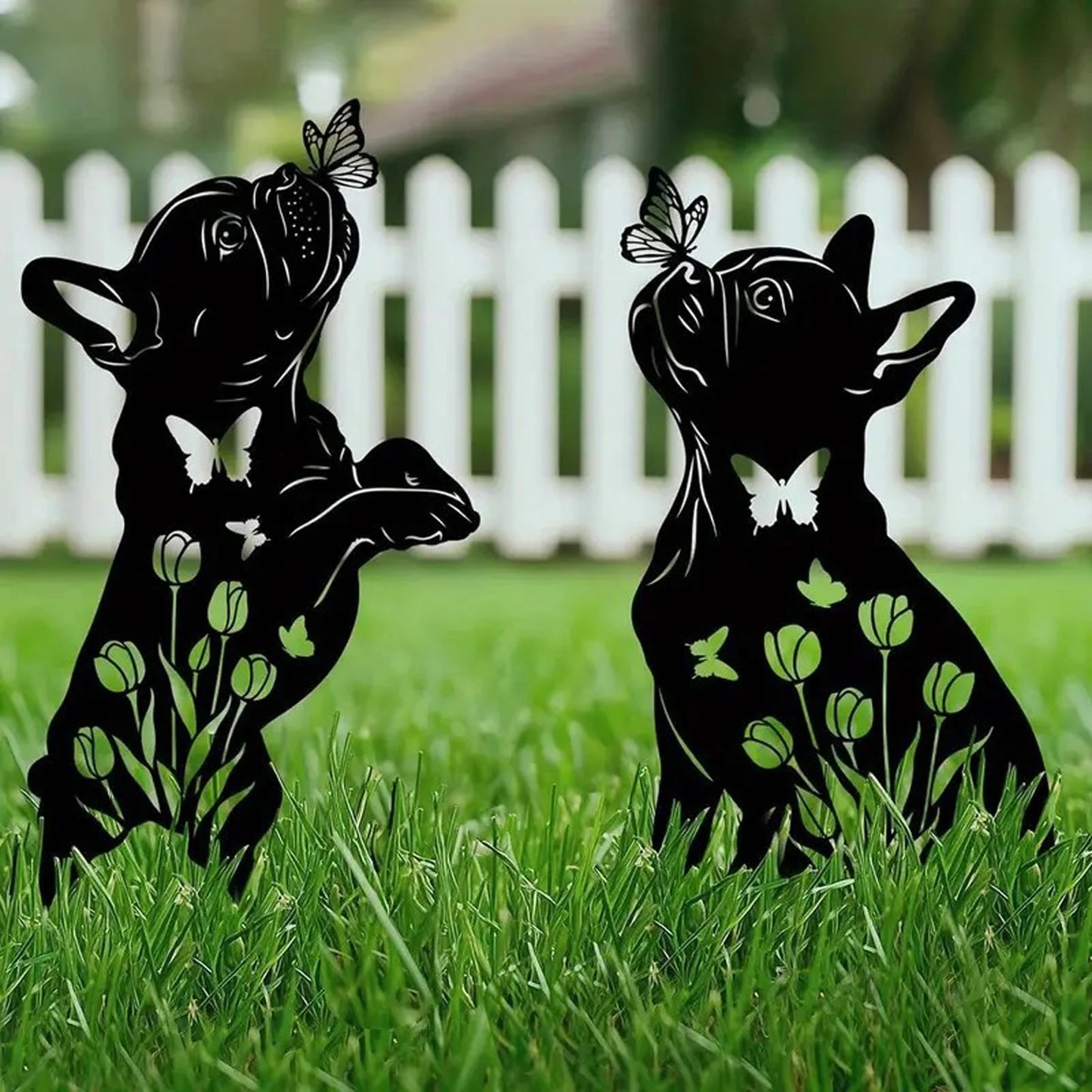 Set of 2 Rustic Metal Garden Stakes with Intricate Butterfly and Dog Silhouettes for Outdoor Yard Decor - Buy That Thang