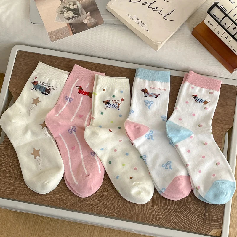 Cartoon Dachshund Women's Mid-Calf Socks Spring Summer Cotton Kawaii Cute Crew Socks Trendy Fashion Novelty Socks for Girls