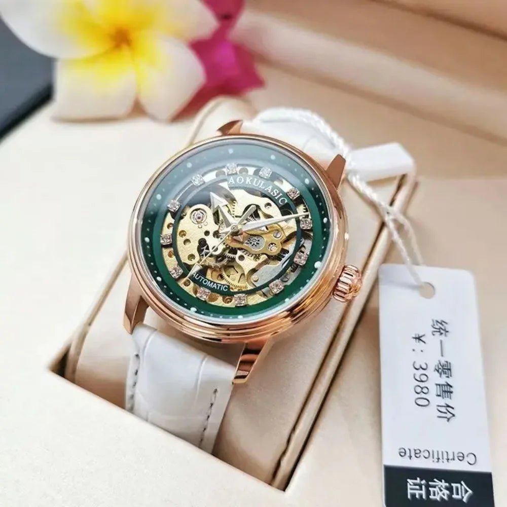 New Style Hollow - Out Diamond - Encrusted Automatic Mechanical Watch for Women, Fashionable and Simple, Luminous Waterproof Watch for Female Students, Trendy, Light Luxury Style, High - End Feel, Versatile Women's Watch for Daily - Buy That Thang