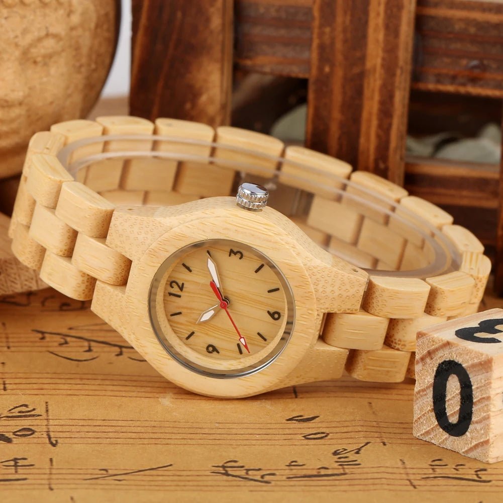 Zebrawood/Bamboo Watch Case Quartz Wristwatches for Women Arabic Numerals Round Dial Wooden Bangle Watch Band Ladies Watch Gift - Buy That Thang