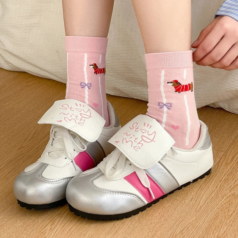 Cartoon Dachshund Women's Mid-Calf Socks Spring Summer Cotton Kawaii Cute Crew Socks Trendy Fashion Novelty Socks for Girls
