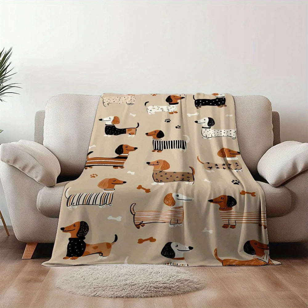 1 Dachshund Print Flannel Blanket - Brown, Black, and White Comfortable Dog Pattern for Home or Travel, Suitable for All Seasons
