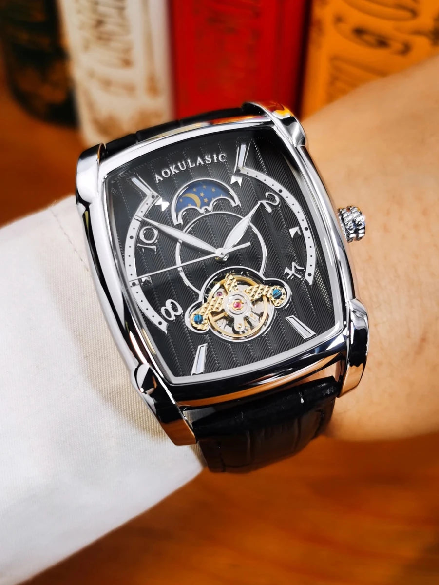 Moon Phase Automatic Watch for Men Luxury Brand Tourbillon Skeleton Mechanical Watch Leather Belt - Buy That Thang