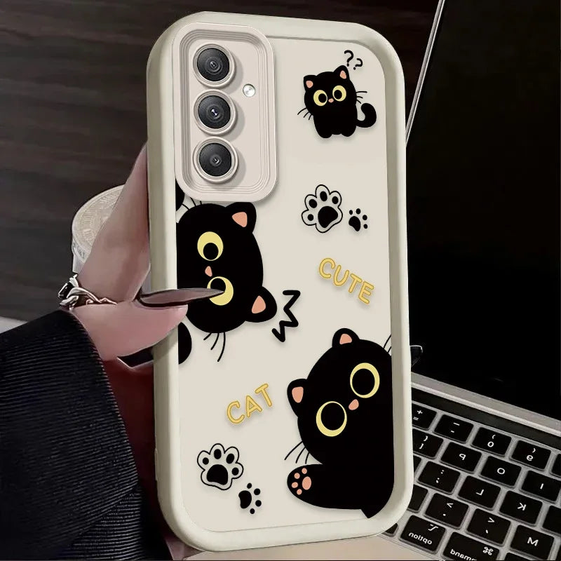 Lovely Black Cat Love Heart Phone Case For Samsung Galaxy A14 A15 5G S21 S22 S23 S24 FE Plus Ultra A25 A35 A52 A53 A54 A55 Cover