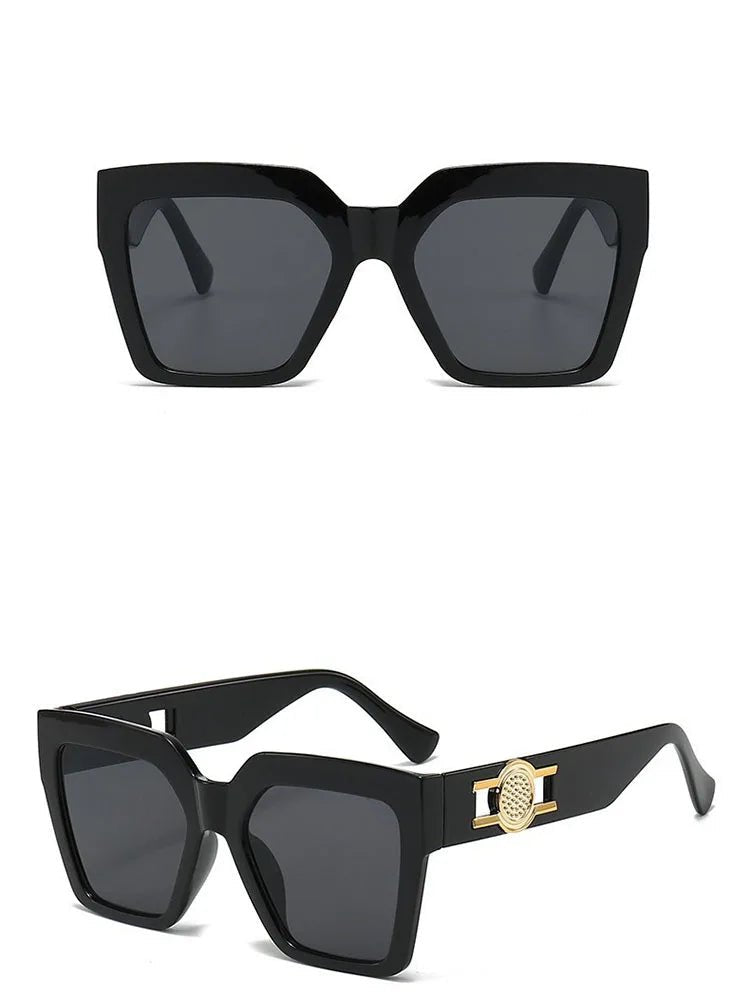 Women's Oversized Square Sunglasses 2026 Trending Black Thick Frame Gradient Purple Lenses Gold Sun Emblem Luxury Inspired UV400 - Buy That Thang