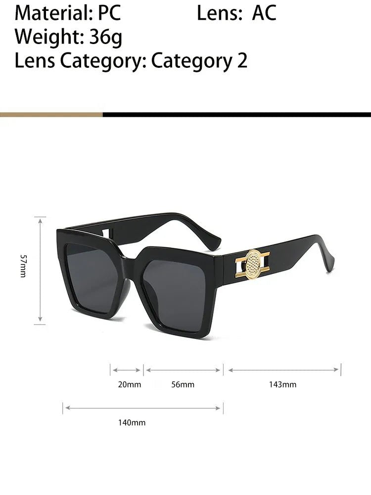 Women's Oversized Square Sunglasses 2026 Trending Black Thick Frame Gradient Purple Lenses Gold Sun Emblem Luxury Inspired UV400 - Buy That Thang
