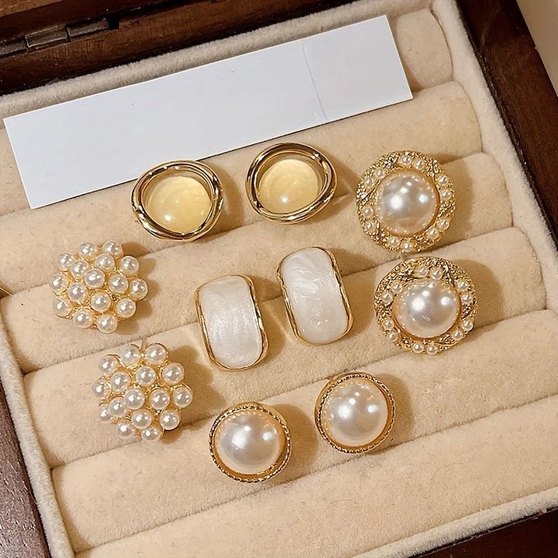 12 Pieces/set of Elegant Temperament Imitation Pearl Round Square Earrings, Women's Daily Wear Holiday Accessories Gifts - Buy That Thang