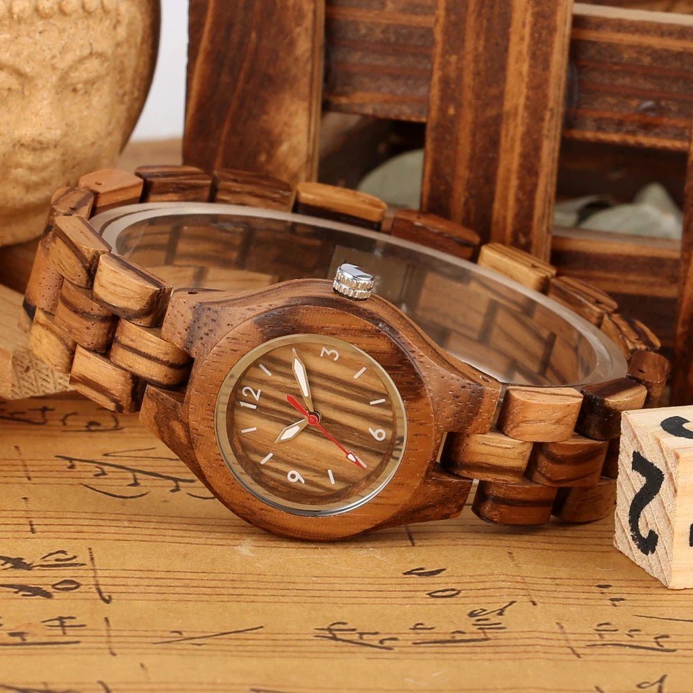 Zebrawood/Bamboo Watch Case Quartz Wristwatches for Women Arabic Numerals Round Dial Wooden Bangle Watch Band Ladies Watch Gift - Buy That Thang