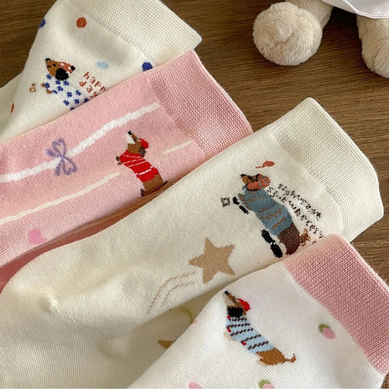 Cartoon Dachshund Women's Mid-Calf Socks Spring Summer Cotton Kawaii Cute Crew Socks Trendy Fashion Novelty Socks for Girls