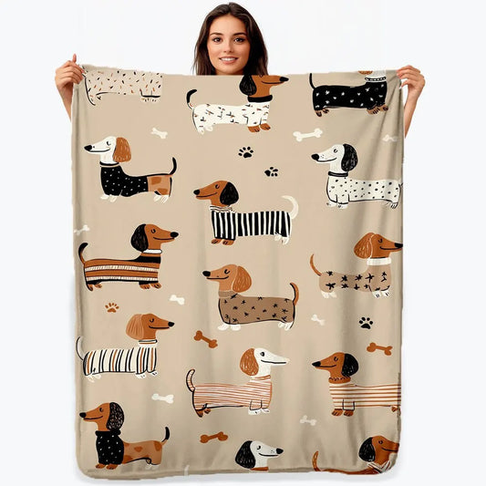 1 Dachshund Print Flannel Blanket - Brown, Black, and White Comfortable Dog Pattern for Home or Travel, Suitable for All Seasons