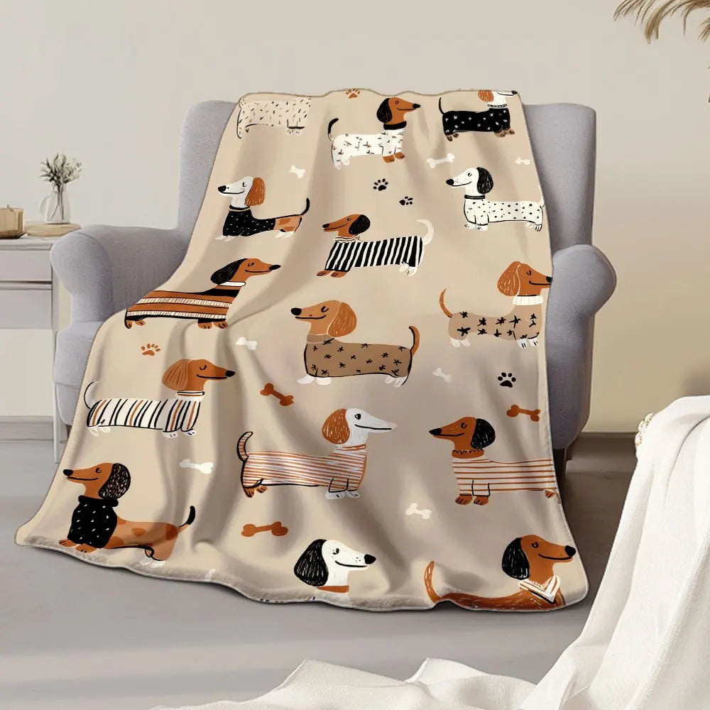 1 Dachshund Print Flannel Blanket - Brown, Black, and White Comfortable Dog Pattern for Home or Travel, Suitable for All Seasons