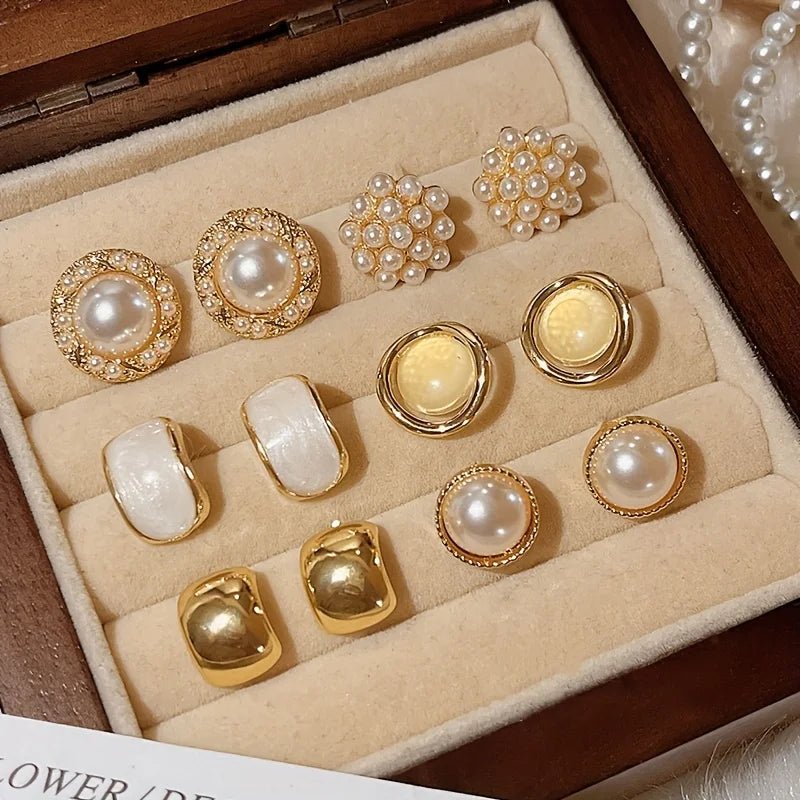 12 Pieces/set of Elegant Temperament Imitation Pearl Round Square Earrings, Women's Daily Wear Holiday Accessories Gifts - Buy That Thang