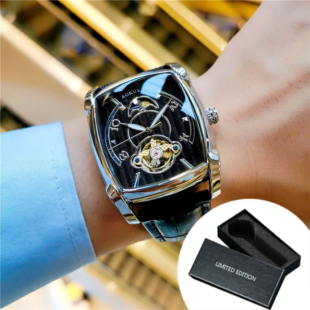 Moon Phase Automatic Watch for Men Luxury Brand Tourbillon Skeleton Mechanical Watch Leather Belt - Buy That Thang
