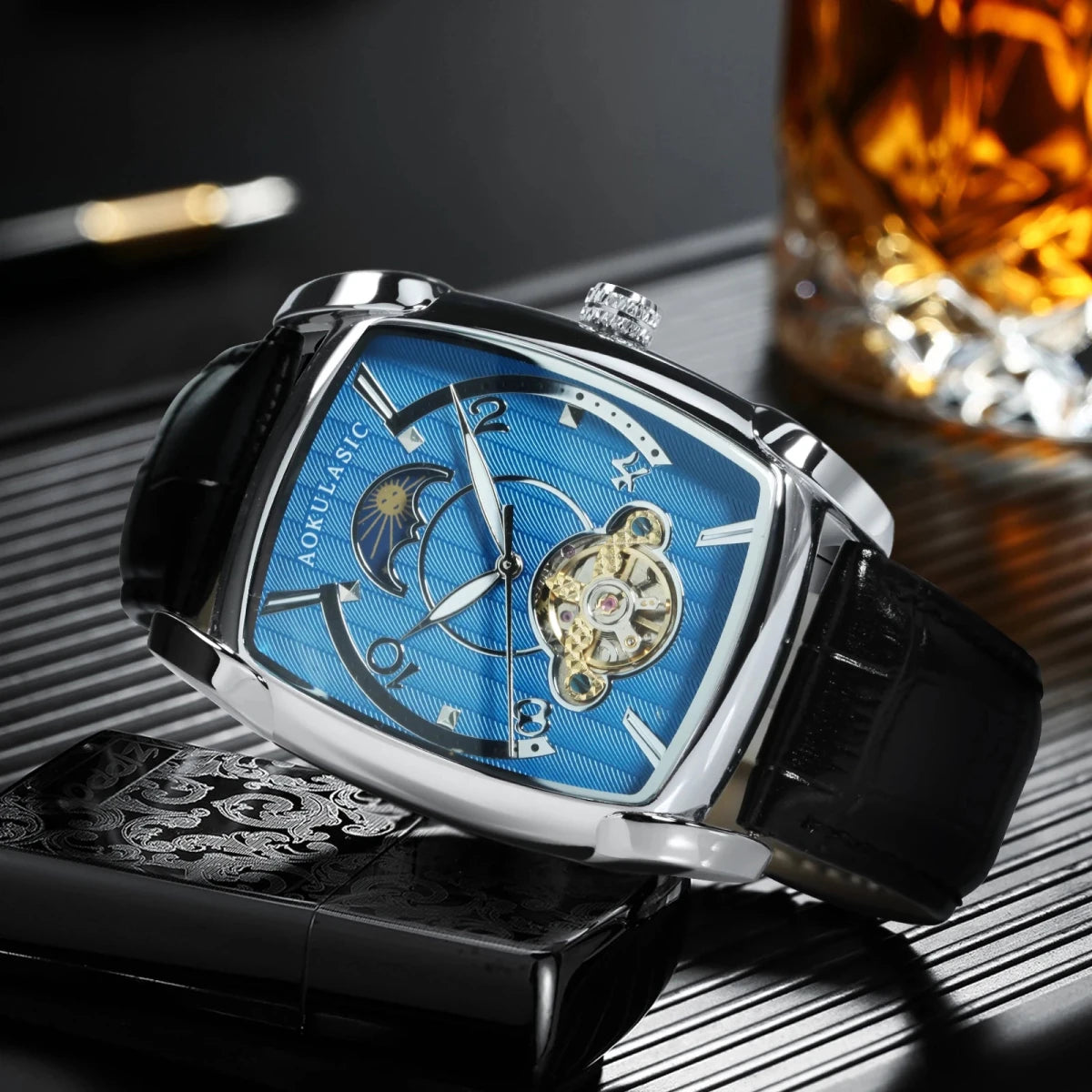 Moon Phase Automatic Watch for Men Luxury Brand Tourbillon Skeleton Mechanical Watch Leather Belt - Buy That Thang