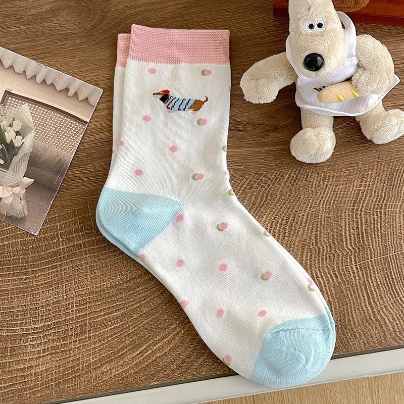 Cartoon Dachshund Women's Mid-Calf Socks Spring Summer Cotton Kawaii Cute Crew Socks Trendy Fashion Novelty Socks for Girls