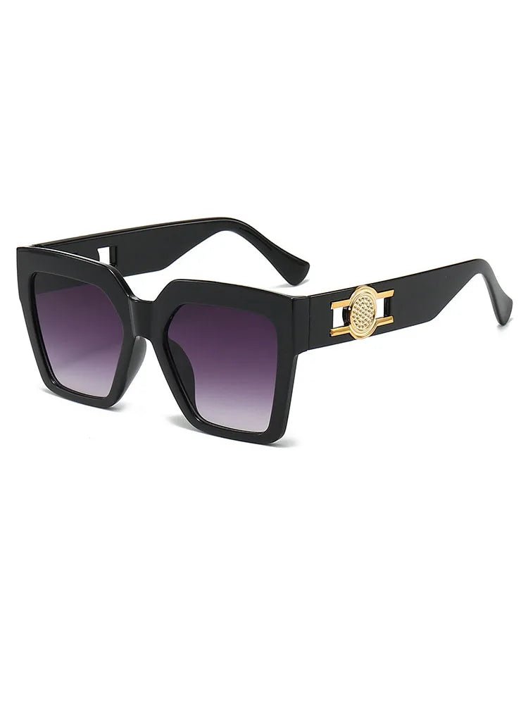 Women's Oversized Square Sunglasses 2026 Trending Black Thick Frame Gradient Purple Lenses Gold Sun Emblem Luxury Inspired UV400 - Buy That Thang
